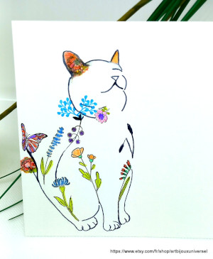Carte chat amusant fleuri