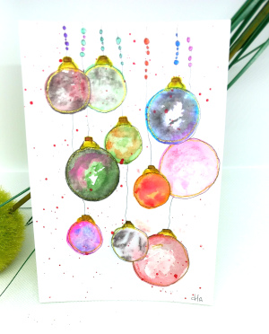 Carte Noel, peinture aquarelle boules de Noel