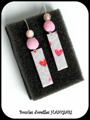Boucles d'oreilles coeurs rose paillettes, parme en rectangle, tendance papier, pendantes