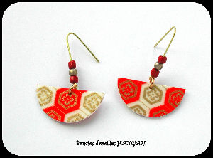 Boucles d'oreilles papier japonais mandala rouge et or demi-rond long crochet doré accessoires bijoux boucles d'oreilles japonaises