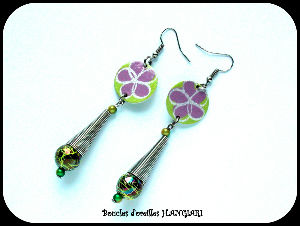 Boucles d'oreilles pendantes, fleuri, cône argenté, vert et violet H.ANGIARI